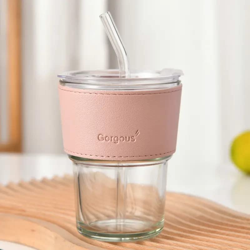 Glass Tumbler with Lid and Glass Straw, Leather Sleeve (Personalise)