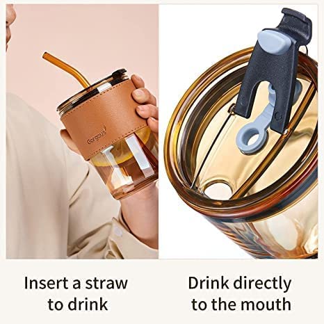 Glass Tumbler with Lid and Glass Straw, Leather Sleeve (Personalise)