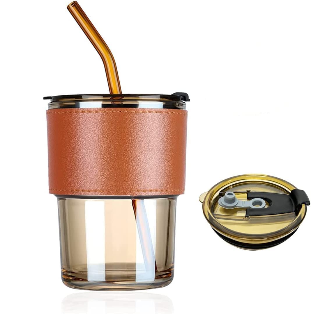 Glass Tumbler with Lid and Glass Straw, Leather Sleeve (Personalise)