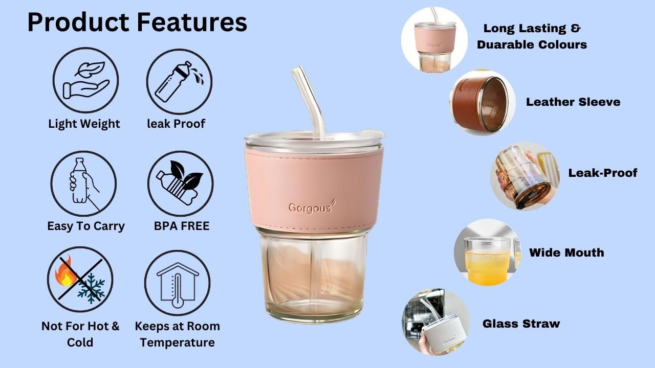 Glass Tumbler with Lid and Glass Straw, Leather Sleeve (Personalise)