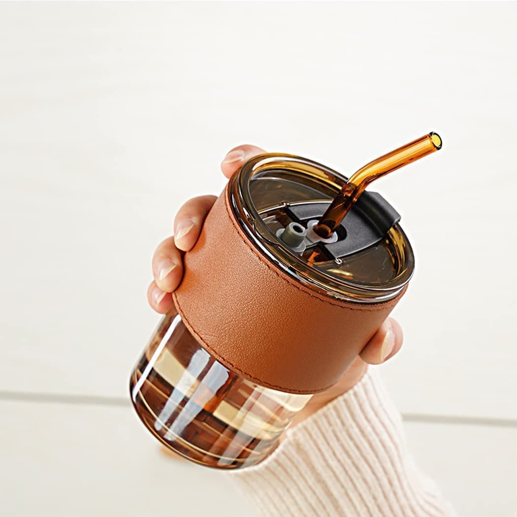 Glass Tumbler with Lid and Glass Straw, Leather Sleeve (Personalise)