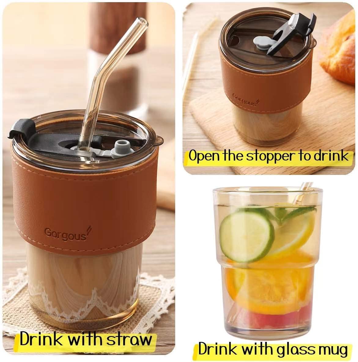 Glass Tumbler with Lid and Glass Straw, Leather Sleeve (Personalise)