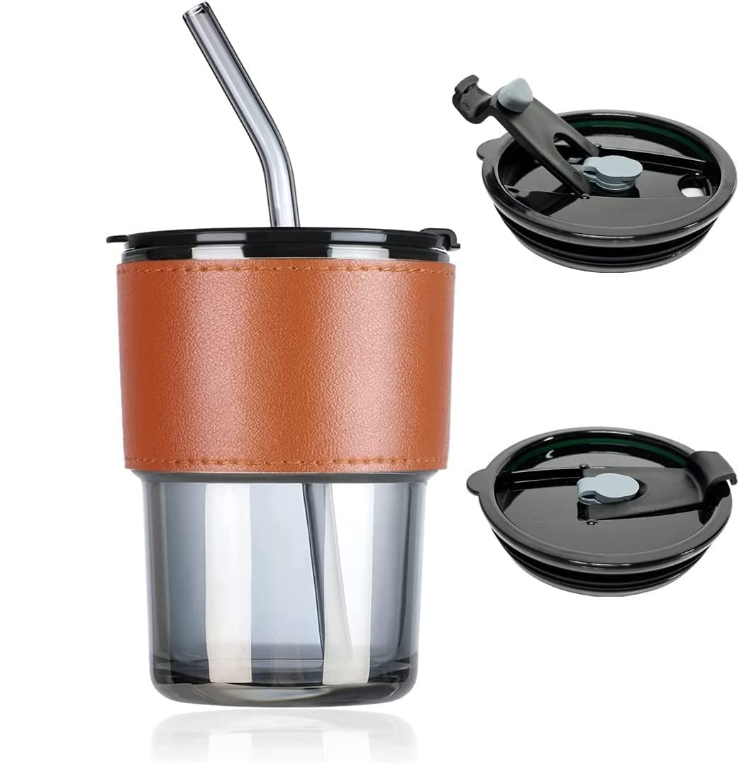 Glass Tumbler with Lid and Glass Straw, Leather Sleeve (Personalise)