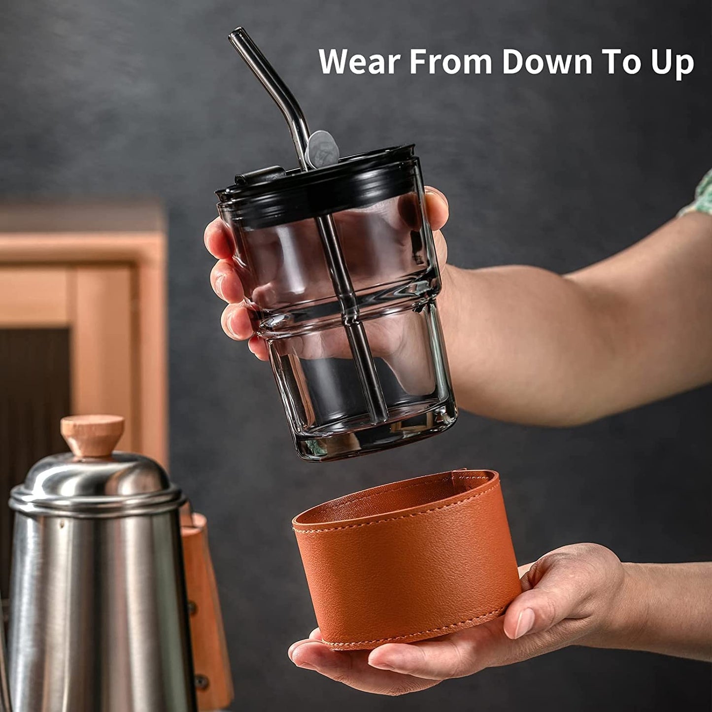 Glass Tumbler with Lid and Glass Straw, Leather Sleeve (Personalise)
