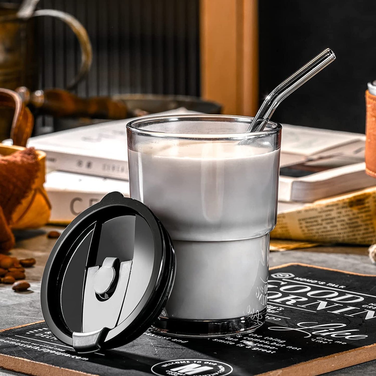 Glass Tumbler with Lid and Glass Straw, Leather Sleeve (Personalise)