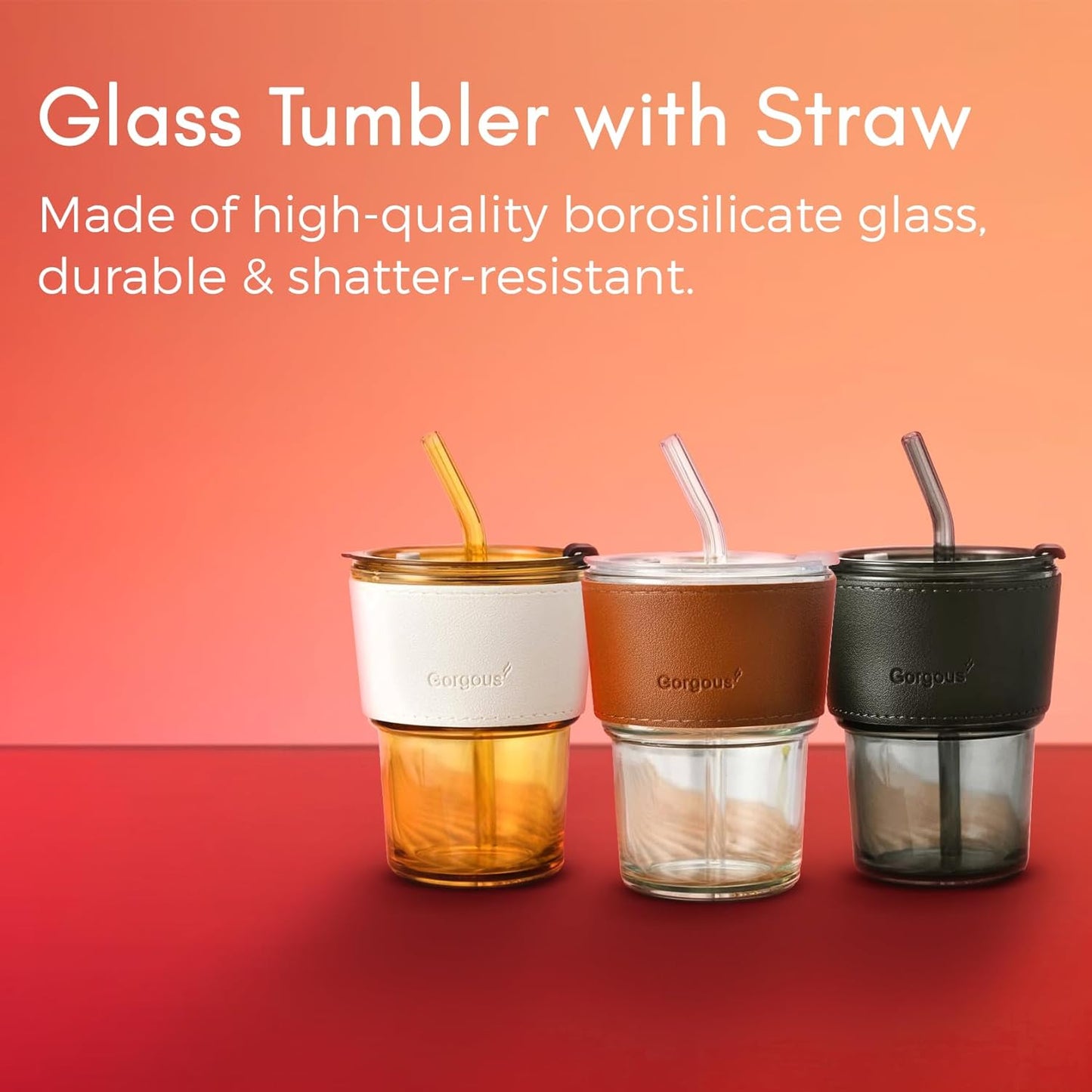 Glass Tumbler with Lid and Glass Straw, Leather Sleeve (Personalise)
