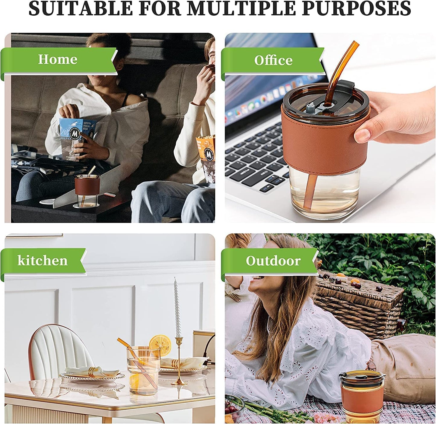 Glass Tumbler with Lid and Glass Straw, Leather Sleeve (Personalise)